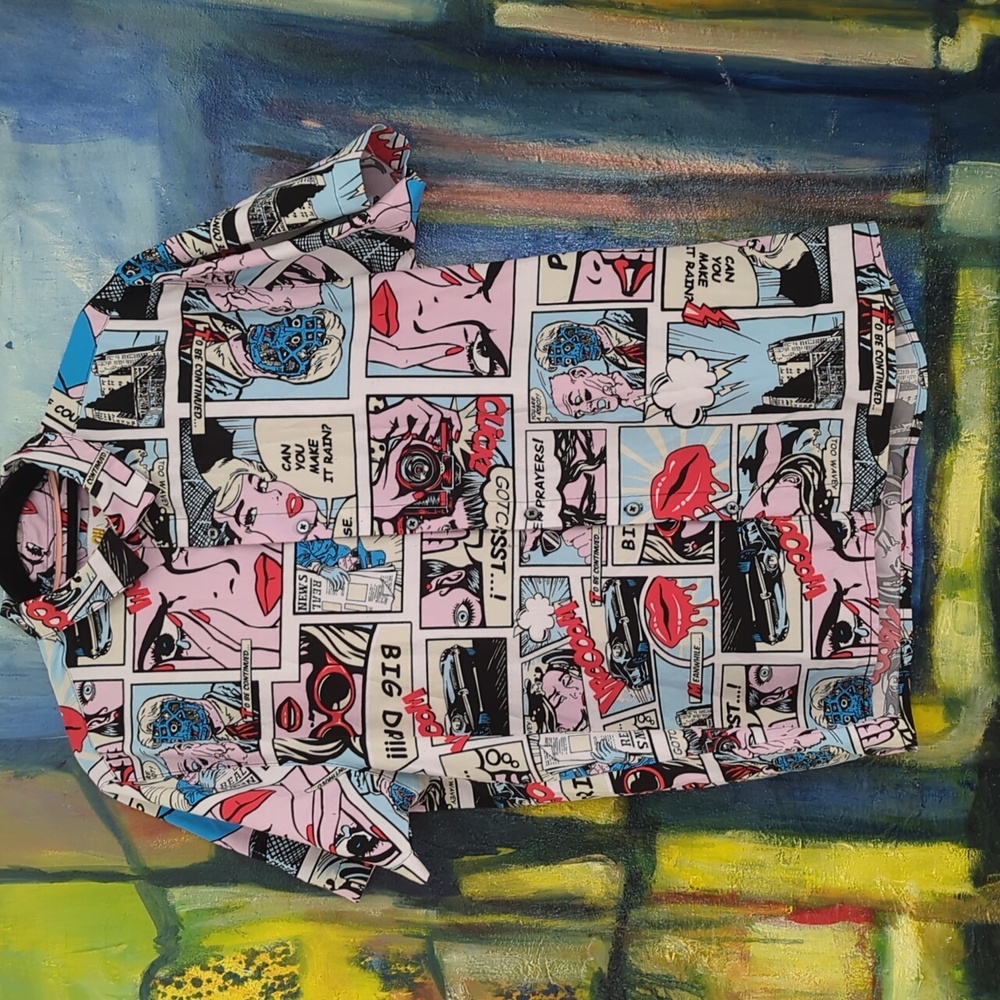 Oh Snap! Comic Book Print Shirt - White/Blue - Size L